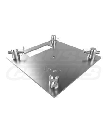 EVT290S-ABP12 12-Inch Aluminum Base Plate with four conical connectors and safety pins, designed for EVT290S square truss systems, shown at an angled perspective on a white background.
