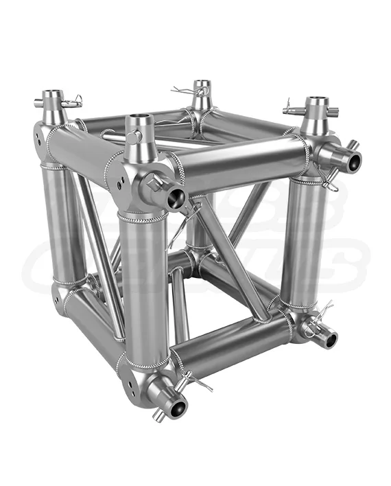 EVT290S-Block 6-way universal junction block for 290mm square aluminum truss — brushed aluminum finish, TÜV certified conical connection system