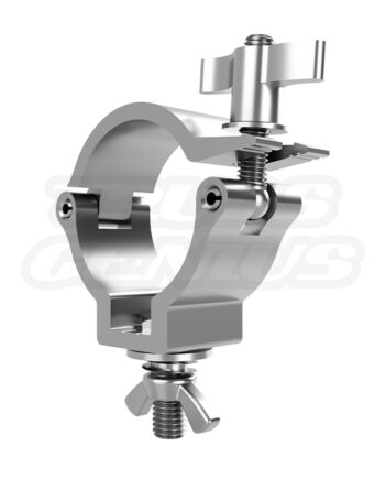 3D rendered image of a light-duty 2-inch truss clamp. The clamp is made of shiny metallic material, indicating it is likely stainless steel, with a hinge on one side and a threaded tightening mechanism on the other. It is designed to attach to tubes ranging from 48mm to 51mm in diameter, with a profile width of 30mm. The hardware is resistant to corrosion, and the clamp is capable of supporting a maximum load of 100 kilograms. Despite its robust functionality, the clamp itself weighs only 0.32 pounds.