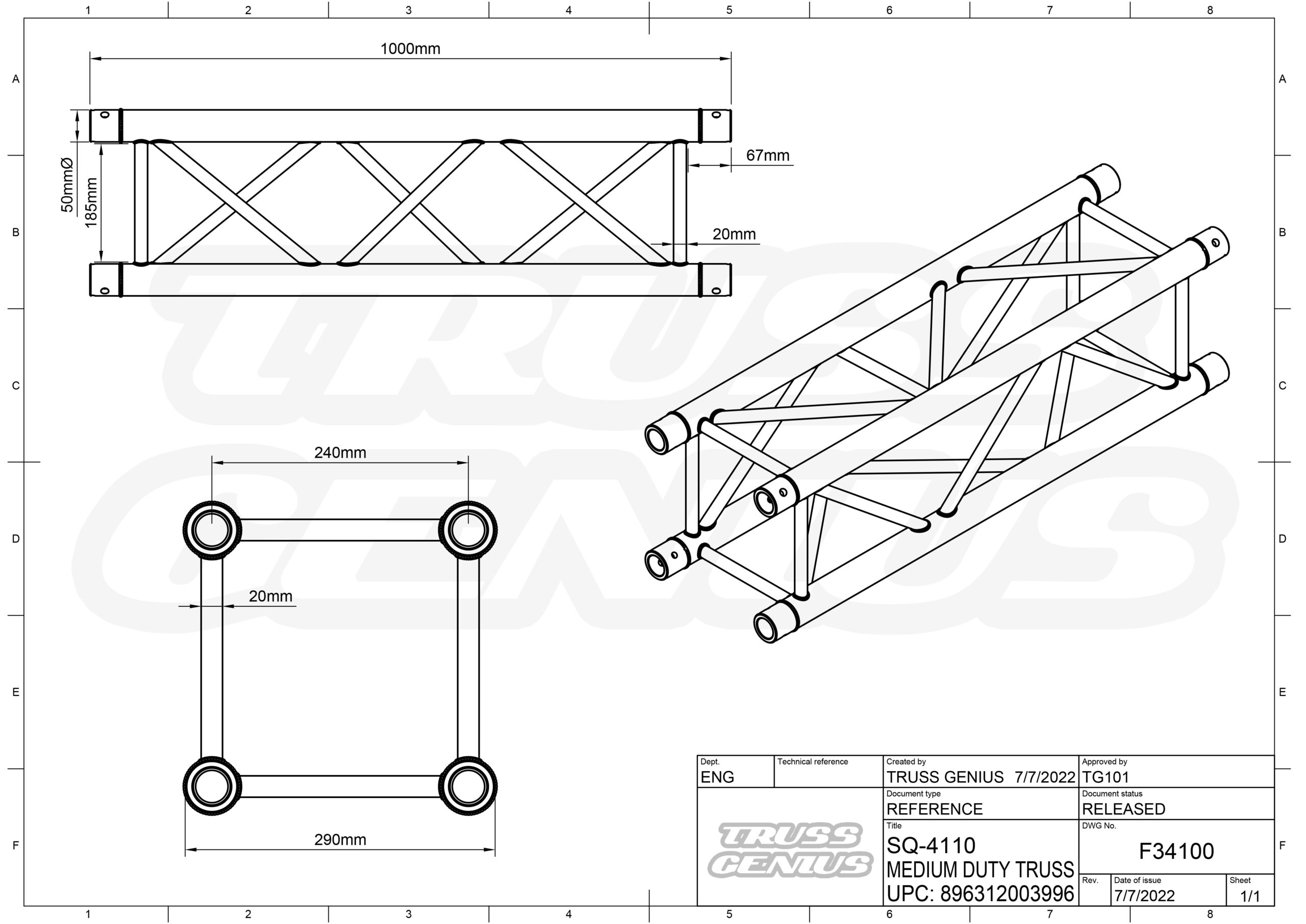 SQ-4110 Medium Duty Truss: A square aluminum trussing system from the F34 Square Truss Series designed for various applications. The truss system features a sturdy construction and can support heavy loads, with dimensions of 11.42 inches (290mm) overall width, 1.96 inches (50mm) outer diameter tubing, and an overall length of 39.36 inches (1000mm). It is designed for easy assembly and can be configured in various ways to suit specific needs. The SQ-4110 Medium Duty Truss is a reliable and versatile option for event planners, stage designers, and anyone needing a high-quality trussing system.