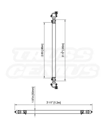 EVT290A‑TCB technical drawing showing brace dimensions and clamp layout