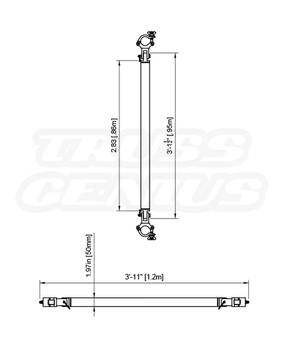 EVT290A‑TCB technical drawing showing brace dimensions and clamp layout