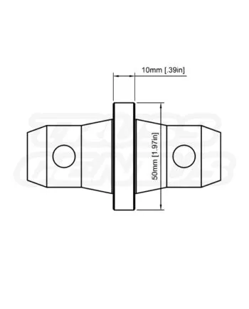 Technical drawing of EVT290A‑CS10 male‑to‑male coupler spacer showing 10 mm collar and 50 mm width