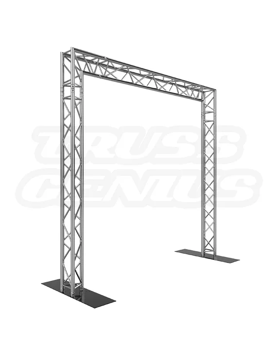 EVT290T‑Goshen 10×10 goal‑post triangular truss system with upright columns and overhead header for entrances and branded event displays