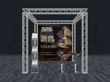Trade show booth design showcasing various products and branding materials. The booth is designed with F24 square aluminum truss structures, LED lighting, and printed fabric graphics to create an attractive and professional display.
