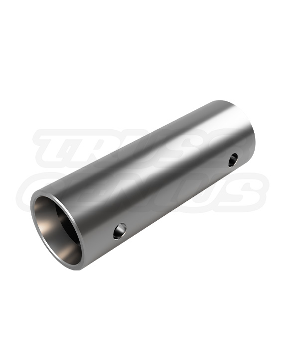 A high-resolution photograph of the truss spacer. The spacer is a female spacer with a brushed aluminum finish. It measures 105mm (4.1 inches) in outer length and features a 35mm (1 1/3-inch) outer diameter tubing with a 1mm (0.04-inch) wall thickness. This spacer is specifically designed to fit F23 and F24 trussing systems. It weighs 0.26 lbs and is identified by the manufacturer's ID SP0261. The product can be visually seen in the image, displaying its precise design and construction.