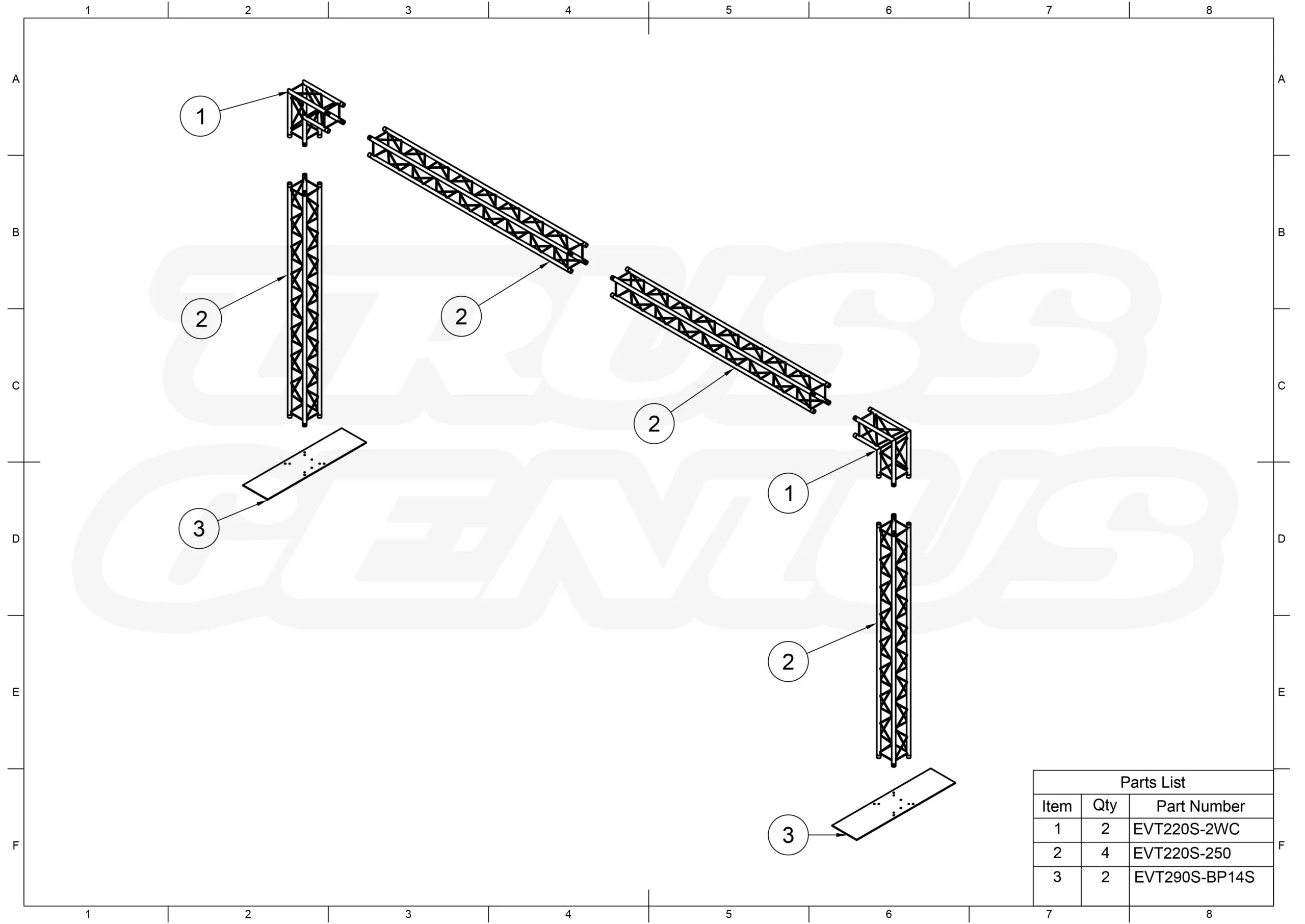 10x20 Goal Post Square Truss System EVT220S-Delano Exploded View