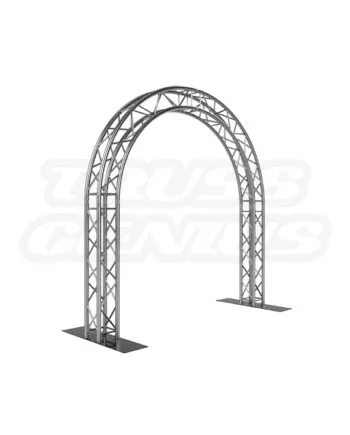 10x10 circular arch truss system (EVT290S-Gorman) assembled in brushed aluminum finish, forming a smooth curved arch frame for event entrances and step-and-repeat backdrops