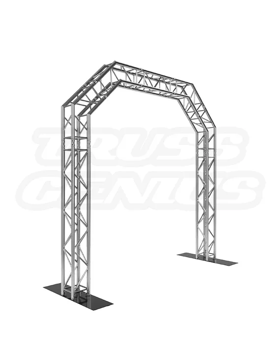 10x10 octagon arch truss system (EVT290S-Geyser) assembled in brushed aluminum finish, forming a geometric octagonal arch frame for event entrances and step-and-repeat backdrops