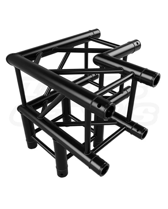 EVT290S‑3WC Black — 3‑way 90‑degree fixed corner for 290 mm (F34) square truss; matte black finish and rugged conical connections for clean corners on lighting and ceiling grids.