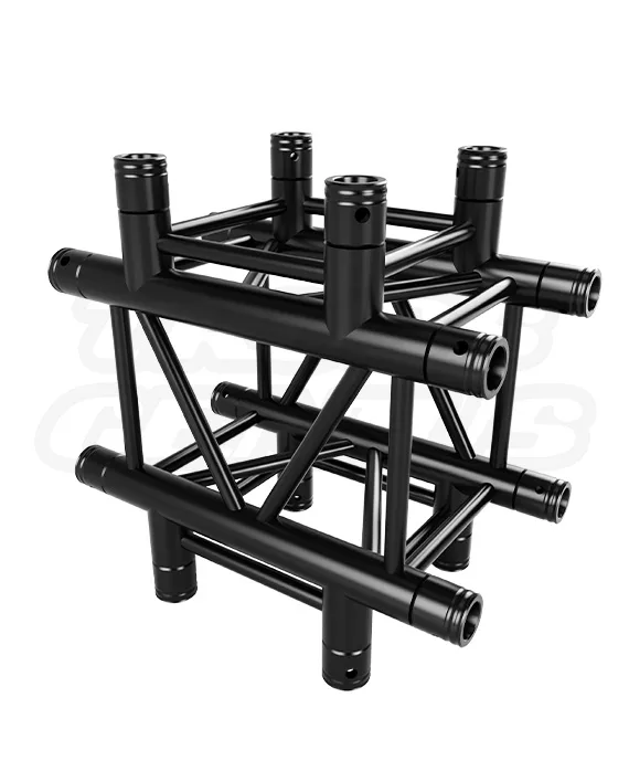EVT290S‑4WC Black — precision‑engineered 4‑way cross T‑junction for EVT290S 290 mm (F34) square conical truss. Finished in a durable, non‑reflective matte‑black powder coat, this “+” junction joins four runs at a central point and mounts vertical or horizontal — ideal for complex overhead grids, exhibit centers, and elaborate staging layouts. Click for gallery, dimensions, and installation notes.