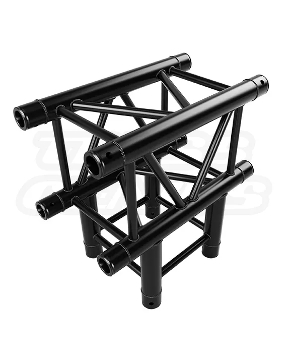 EVT290S‑3WT Black — powder‑coated 3‑way T‑junction for 290 mm F34 square truss; configurable for vertical or horizontal T‑junctions, ideal for portable grids, lighting rigs, and trade‑show assemblies with repeatable alignment and dependable support.