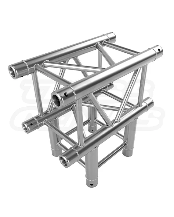 EVT290S‑3WT — Brushed‑aluminum 3‑way T‑junction for 290 mm (F34) square truss. Use it to join runs in vertical or horizontal layouts for overhead lighting, speaker clusters, and modular exhibit frames — click for gallery, layout examples, and installation notes.