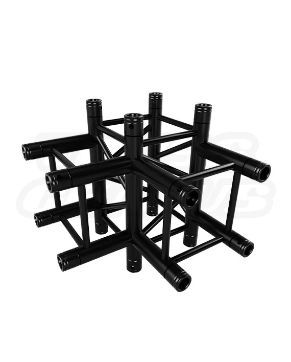 EVT290S‑4WT Black — matte‑black 4‑way T‑junction for EVT290S 290 mm (F34) truss; connects Up/Down/Left/Right to form vertical columns and intersecting horizontal grids — view gallery & layout examples.