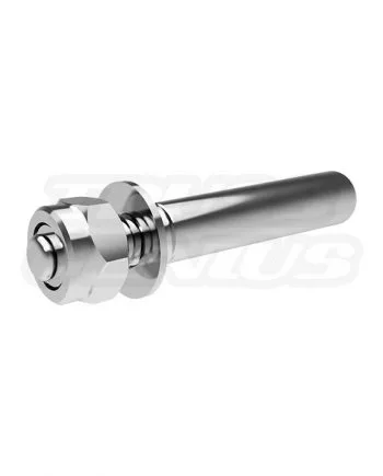 Stainless steel coupler pin with threaded tip and hex locknut shown from angled view