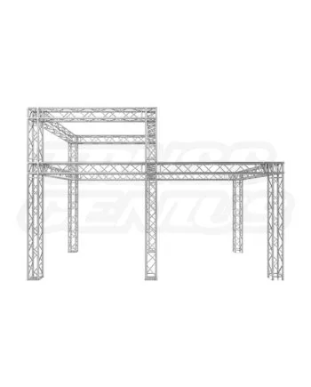 Front view of 10x20 Trade Show Exhibit Display Booth EVT290S-Button, featuring durable aluminum truss components for exhibitions.