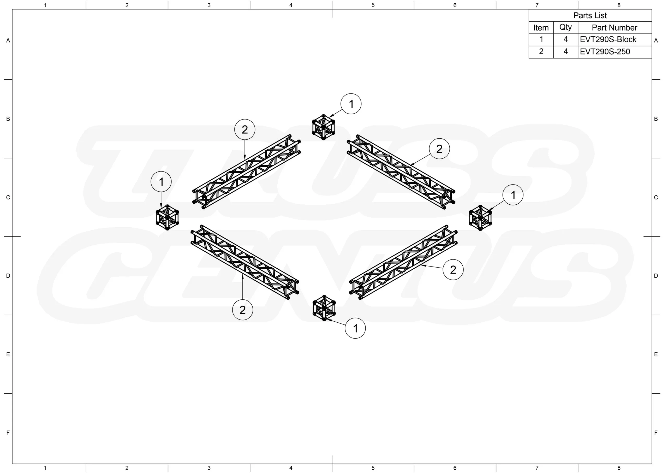 10x10 Suspended Truss Grid System SkyGrid-100 Exploded Drawing