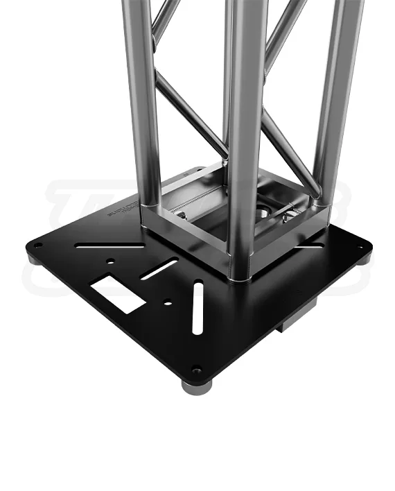 Heavy-duty 20×20 in steel base plate securely mounting a 12-inch end plate bolt truss upright — precision-cut slots and anchor points visible, matte black powder-coated finish