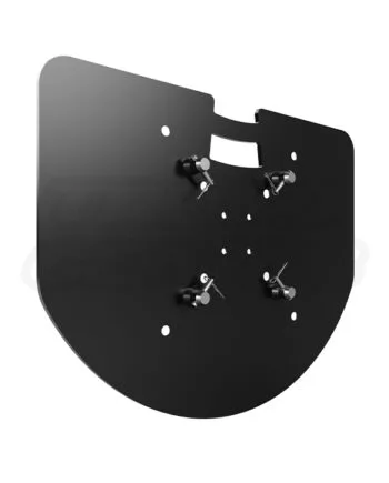 Semi-circular matte black steel base plate with flat rear edge, designed for EVT290S square truss systems; includes multiple pre-drilled bolt patterns and built-in rear handle for flush wall mounting and safe foot traffic flow.
