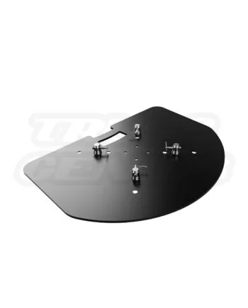 EVT290S-BP32X24S steel base plate supporting a 2-meter EVT290S square truss upright; semi-circular matte black base shown in use for vertical truss mounting.