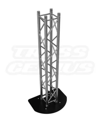 Vertical EVT290S square aluminum truss mounted on a semi-circular matte black steel base plate with flush rear edge, designed for wall-adjacent installations and safe foot traffic flow.