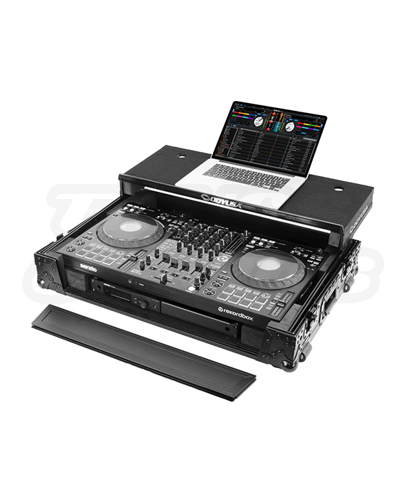 Black Label flight case for Pioneer DDJ‑FLX10 with glide platform, wheels, and removable front panel.