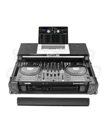 DJ controller setup with Pioneer DDJ‑FLX10 in Odyssey Black Label flight case, laptop running Serato and rekordbox.