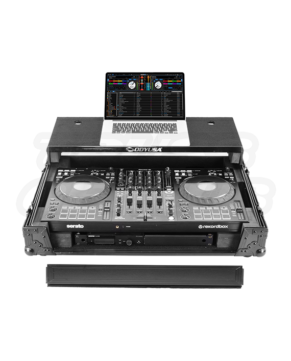 DJ controller setup with Pioneer DDJ‑FLX10 in Odyssey Black Label flight case, laptop running Serato and rekordbox.