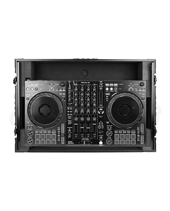 Pioneer DDJ‑FLX10 controller in Odyssey flight case with jog wheels, mixer section, and laptop platform.