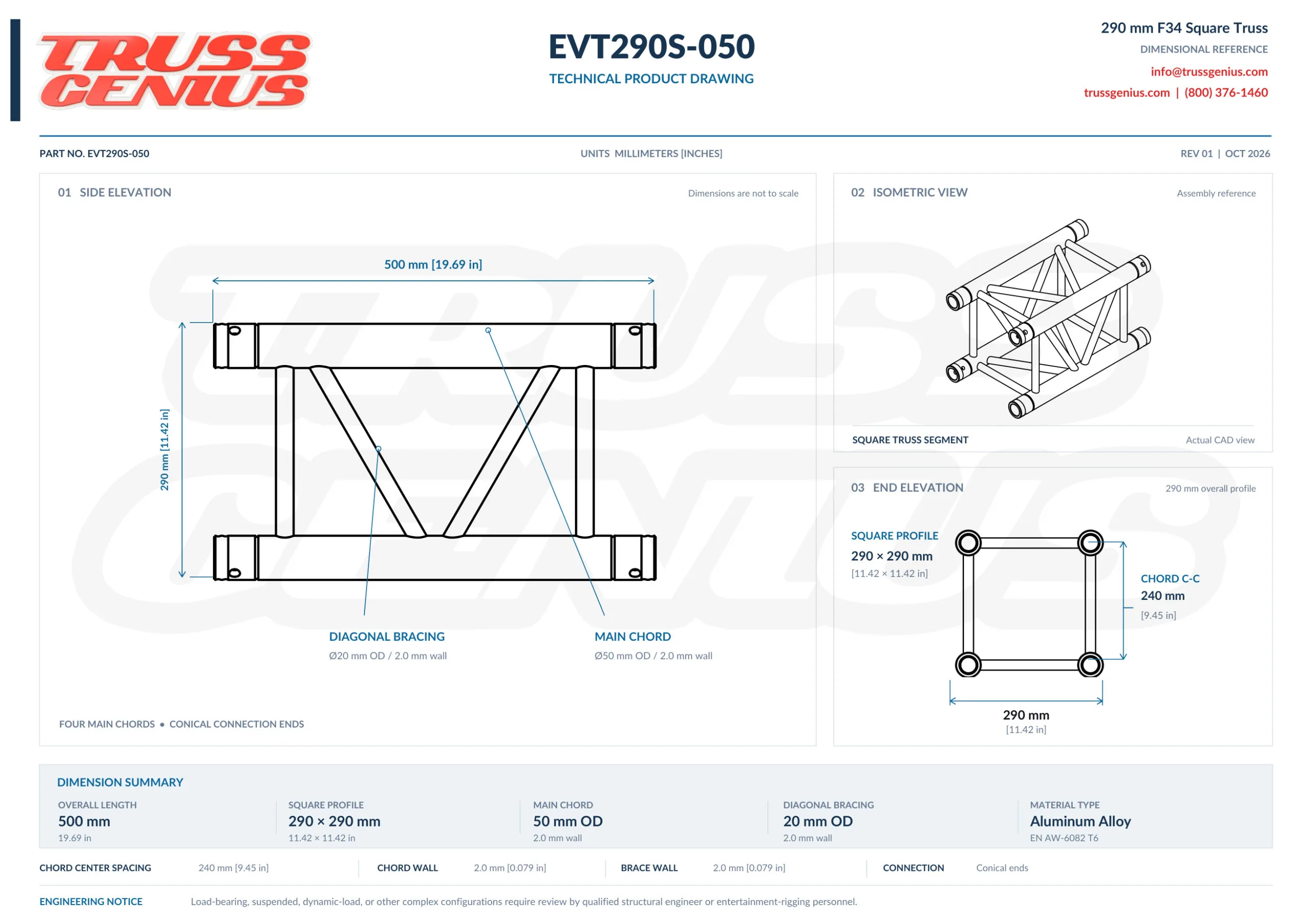 EVT290S-050 technical product drawing showing the 500 mm side elevation, an isometric view, and the 290 x 290 mm end elevation with 240 mm chord center spacing
