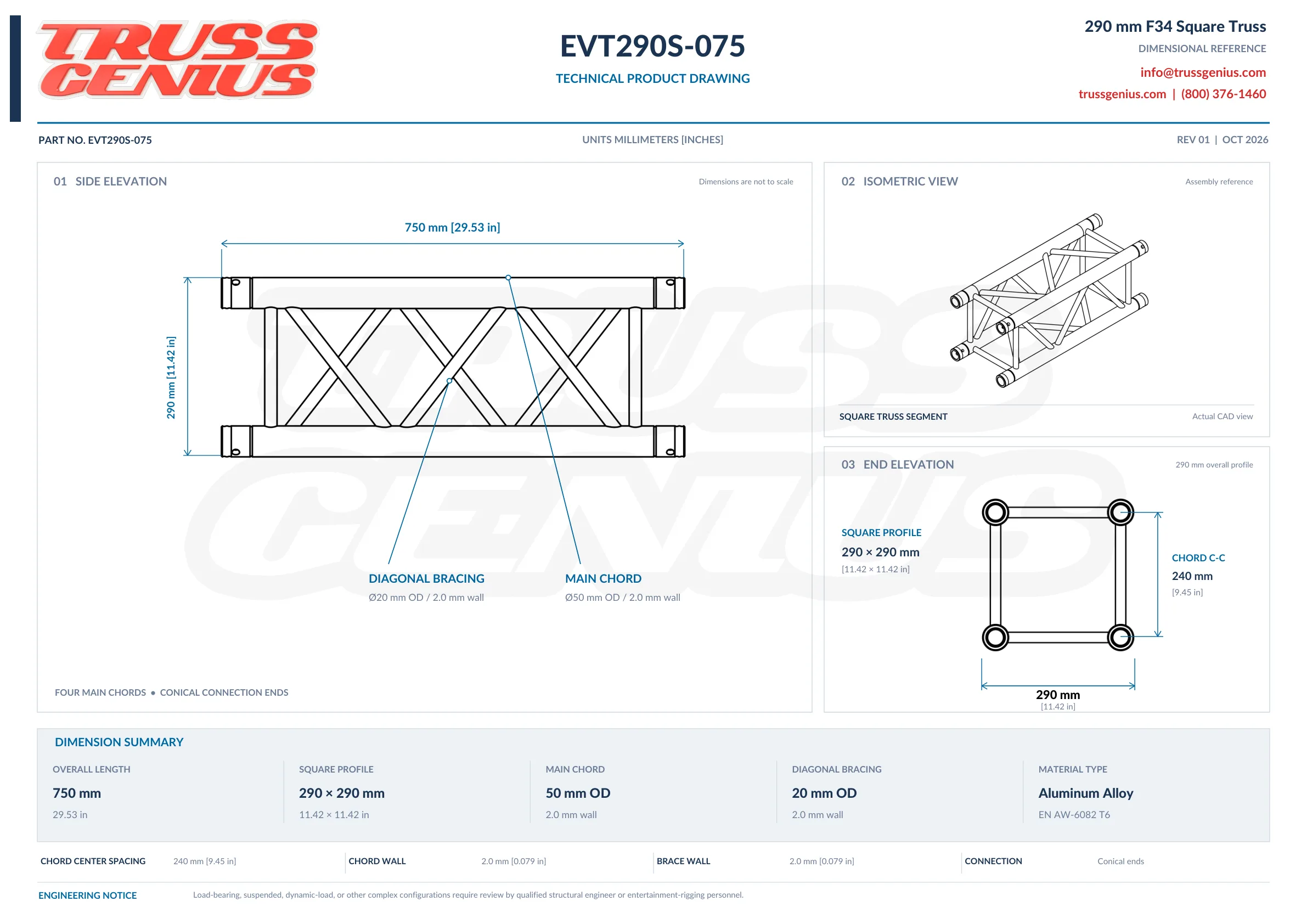 EVT290S-075 technical product drawing showing the 750 mm side elevation, an isometric view, and the 290 x 290 mm end elevation with 240 mm chord center spacing