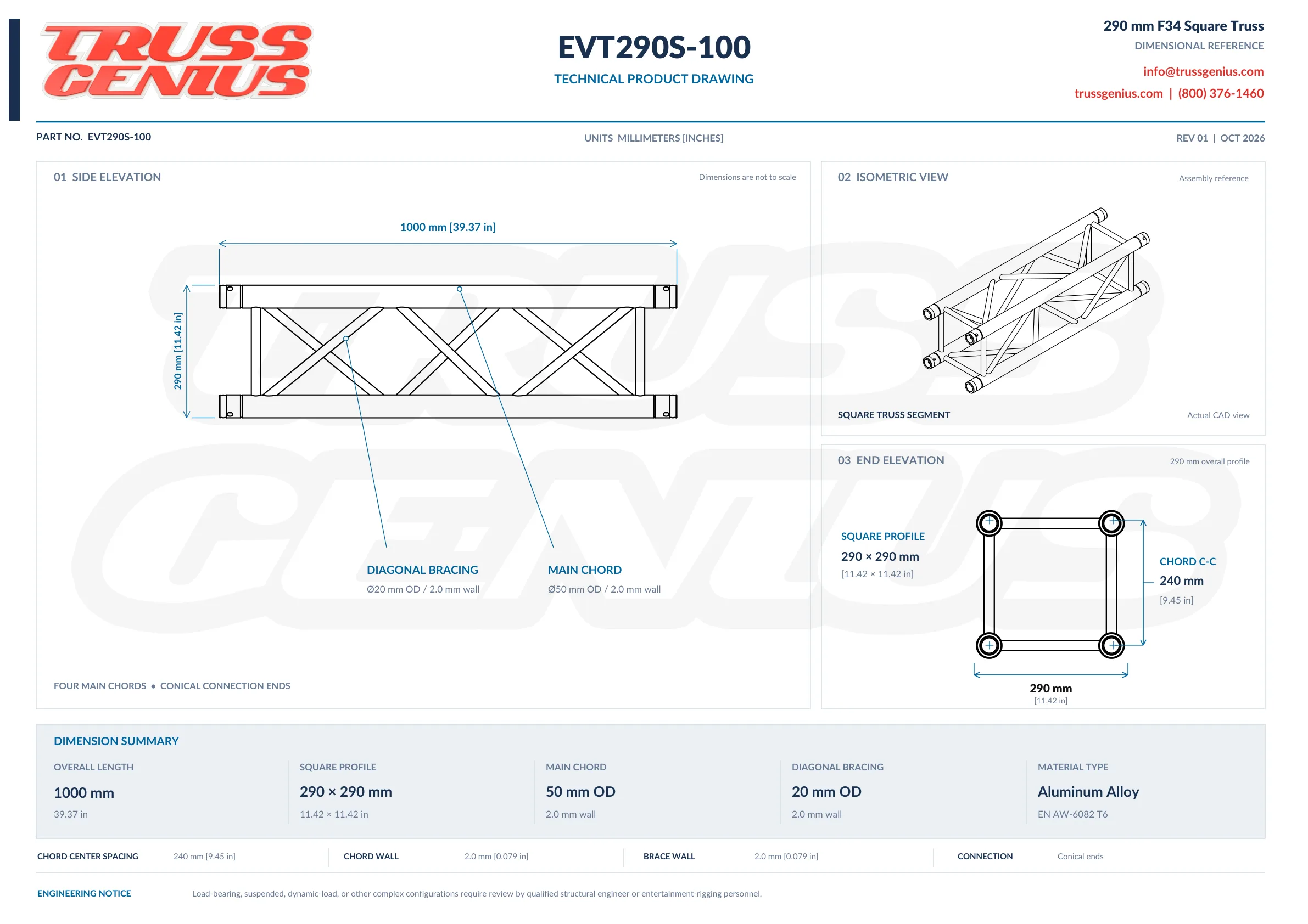 EVT290S-100 technical product drawing showing the 1000 mm side elevation, an isometric view, and the 290 x 290 mm end elevation with 240 mm chord center spacing