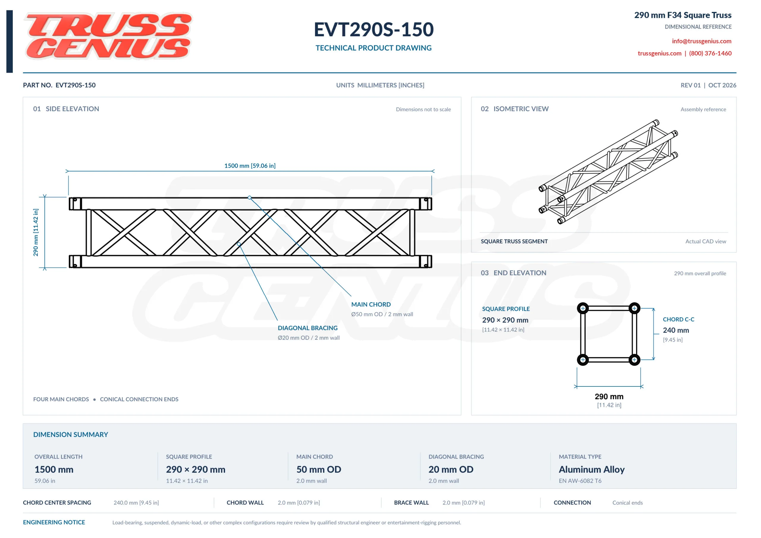 EVT290S-150 technical product drawing showing the 1500 mm side elevation, an isometric view, and the 290 x 290 mm end elevation with 240 mm chord center spacing